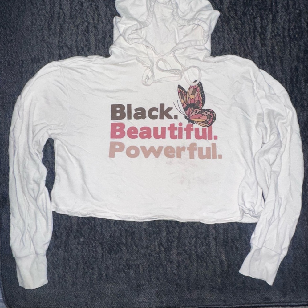 Mighty Fine cream colored  crop Hoodie with Butterfly and Text Print